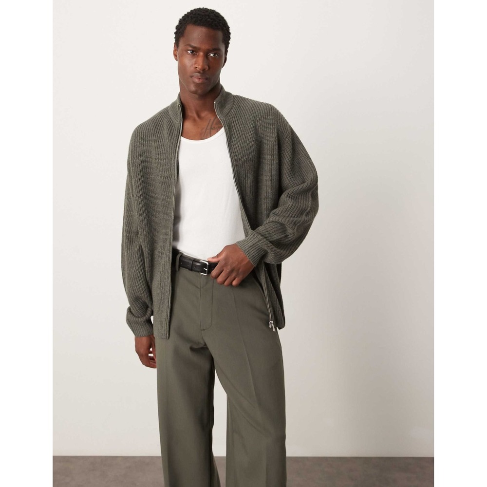 ASOS DESIGN Knitted Oversized Fisherman Rib Zip Through - Grey Size‎ XL